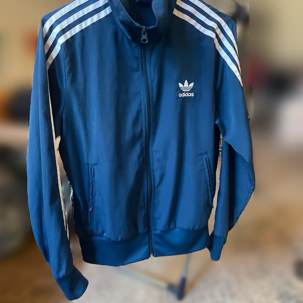 Adidas Blue Track Jacket with Three Stripes and floral logo